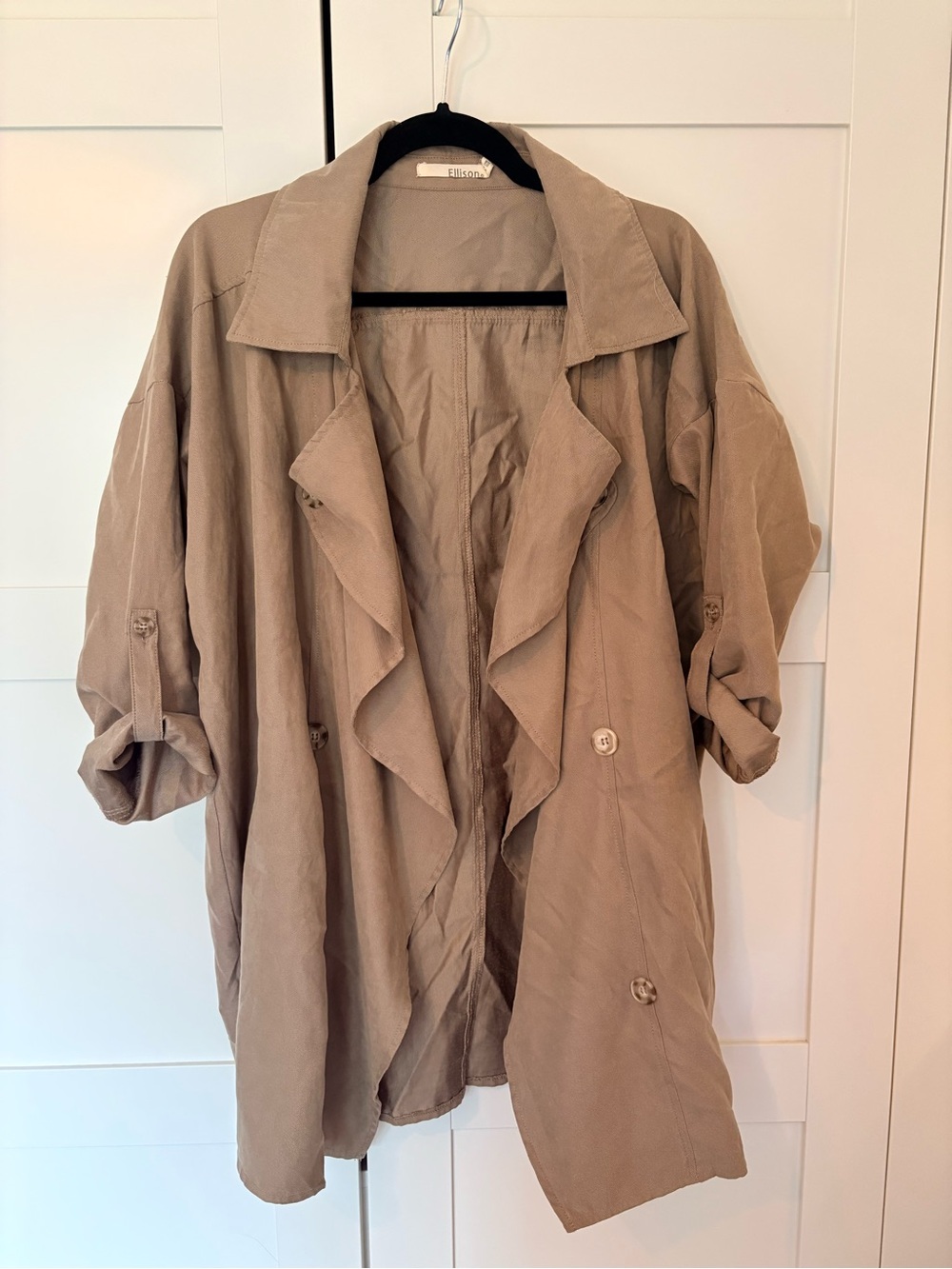 Ellison Taupe Ruffle-Front Trench Coat